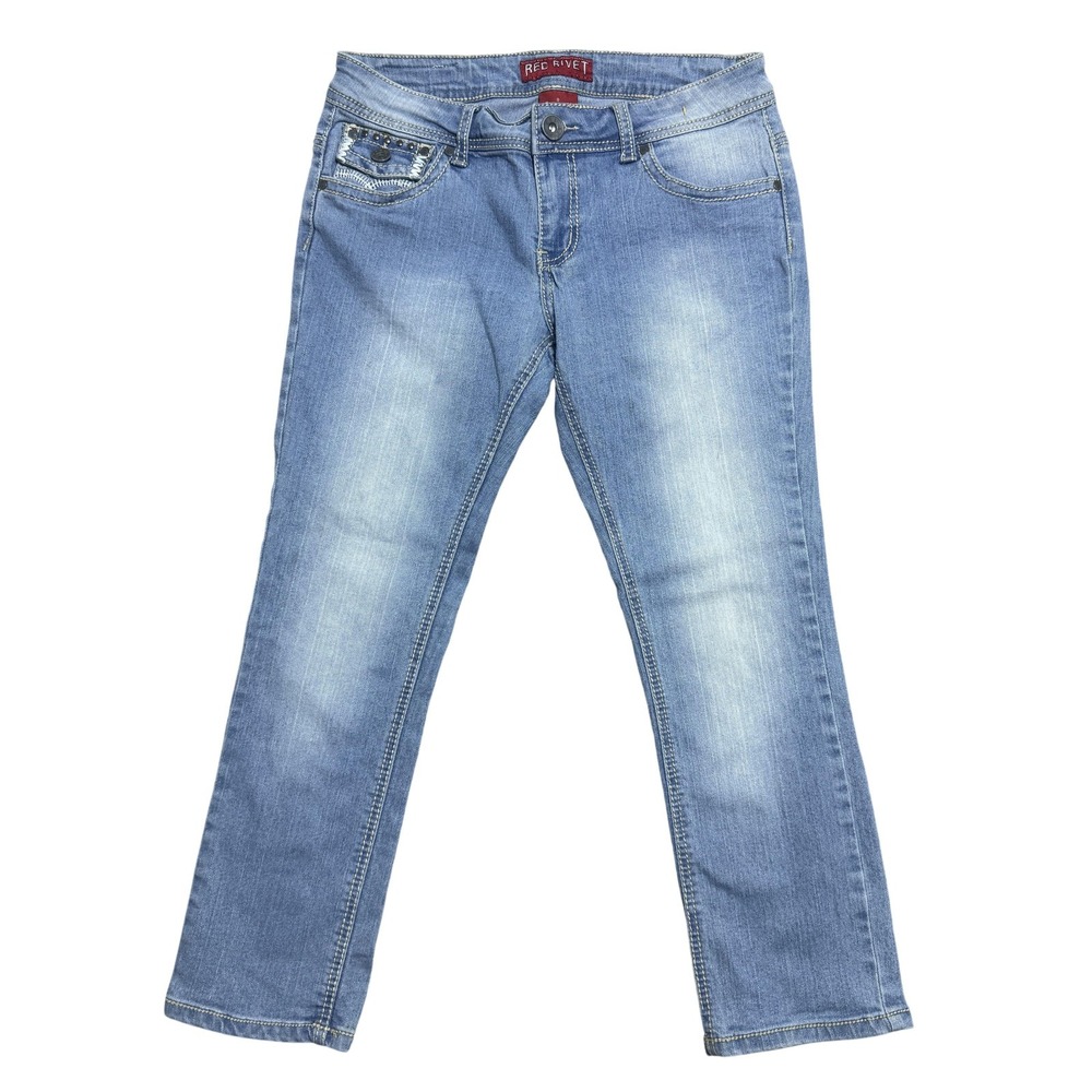 Red Rivet Jeans Womens 9 Light Wash Studded Embroidered Flap Pockets Stretch